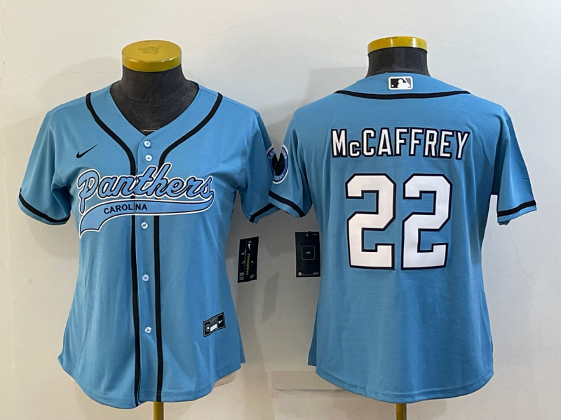 Youth Carolina Panthers #22 Christian McCaffrey Blue With Patch Cool Base Stitched Baseball Jersey